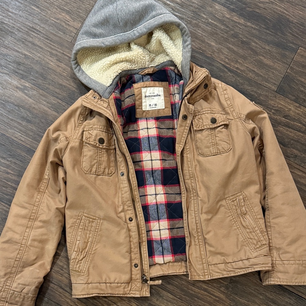 Abercrombie & Fitch Kids Brown Jacket with Gray Hood lined with fleece